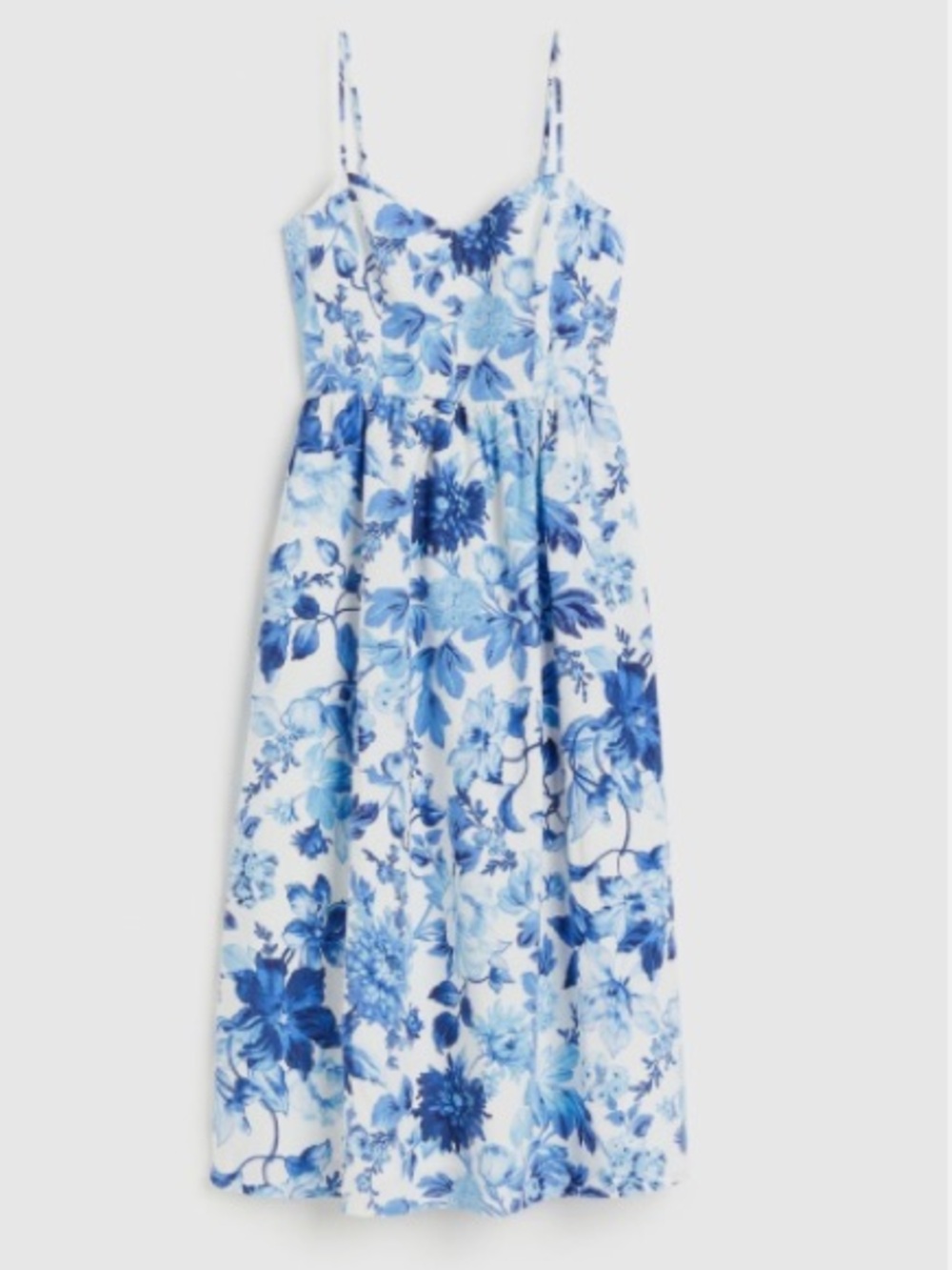 H& M Blue & White Floral Spaghetti-Strap Linen/Cotton Dress Size S